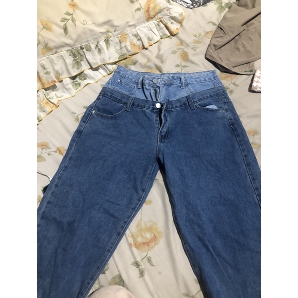 celana jeans double waist high waist biru tua biru muda