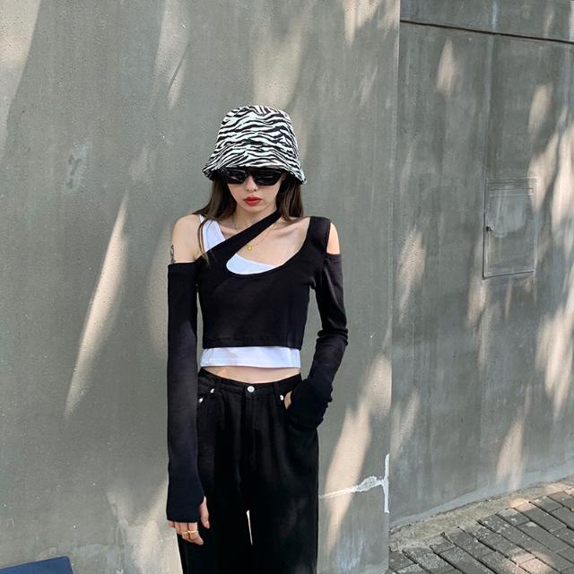 Red Biru Palsu Dua Potong Lengan Panjang Rompi T-shirt In Tide 2022 Baru Musim Gugur Pakaian Wanita Body-Fitting pendek BM Angin Top