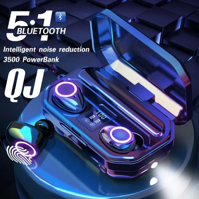 QJ Earphone TWS Bluetooth 5.0 With Charging Case Flashlight 3500mAh - M12 Senter Led Powerbank Smart