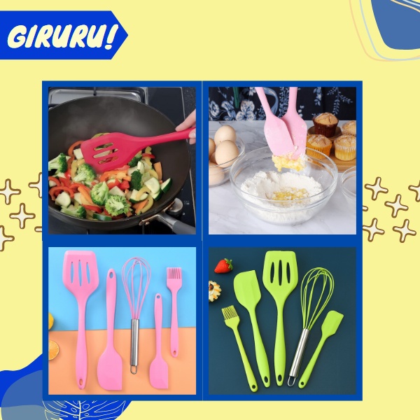 Spatula Set Alat Masak 5 IN 1 Bahan Silikon Food Grade / Spatula Set Silikon Anti Panas &amp; Lengket / Spatula Silikon Kitchen Utensils Set 5 in 1 / Peralatan dapur / perlengkapan dapur / peralatan masak / perabotan masak / perlengkapan masak / whisk &amp; kuas