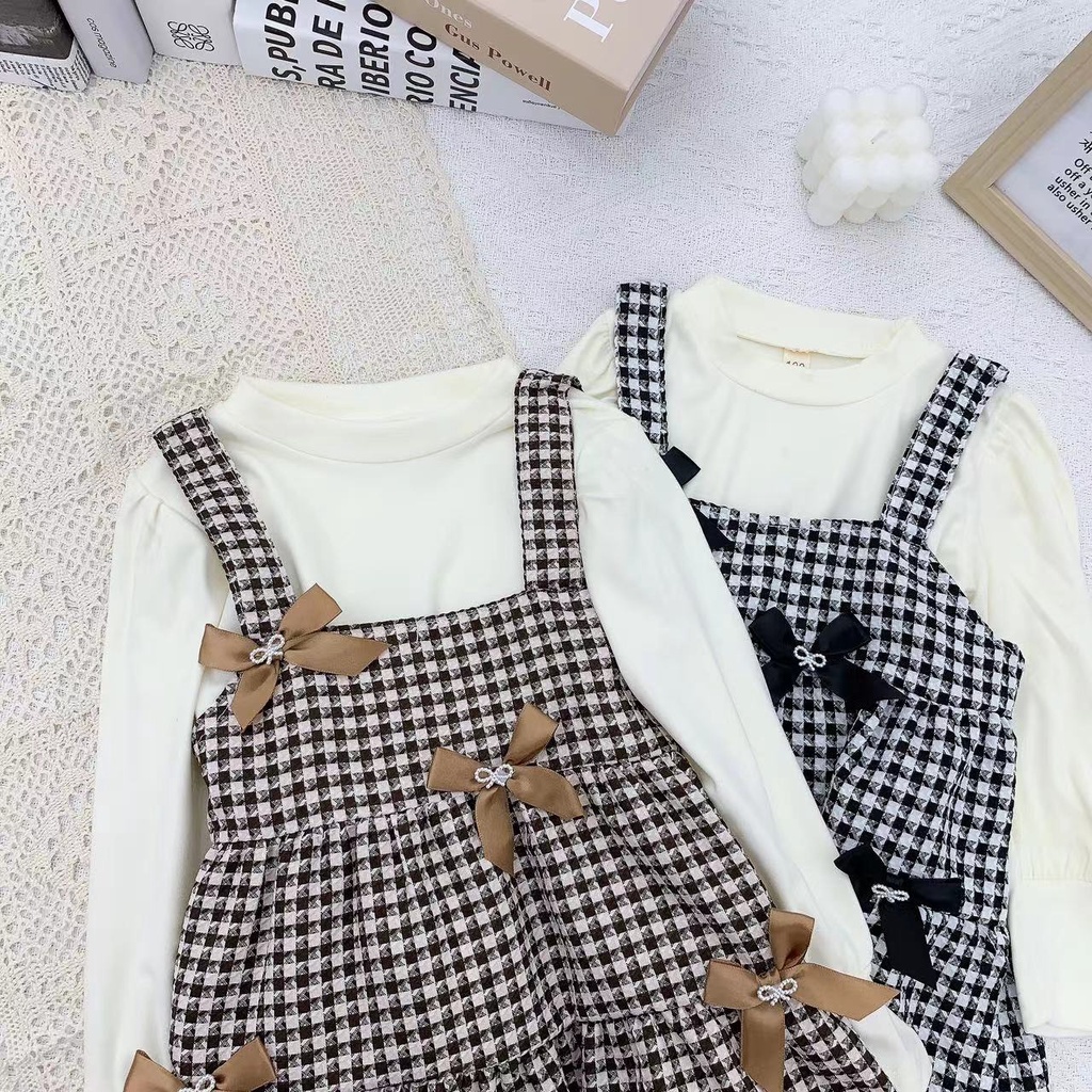 【Baru Datang!!!】(0-4 Tahun )QZ-104 Dress Anak Cewek premium 1 SET motif Pita diBaju + Baju Lengan Panjang TERMURAH