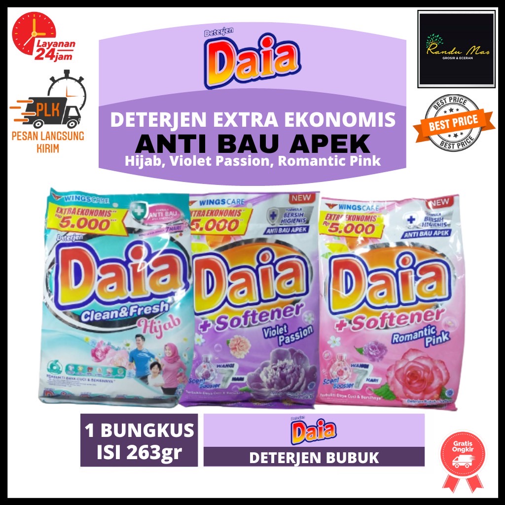 DAIA Deterjen Bubuk Violet Passion | Romantic Pink | Hijab 263gr Detergen Softener Clean Fresh Anti Bau Apek Kemasan Ekstra Ekonomis Original