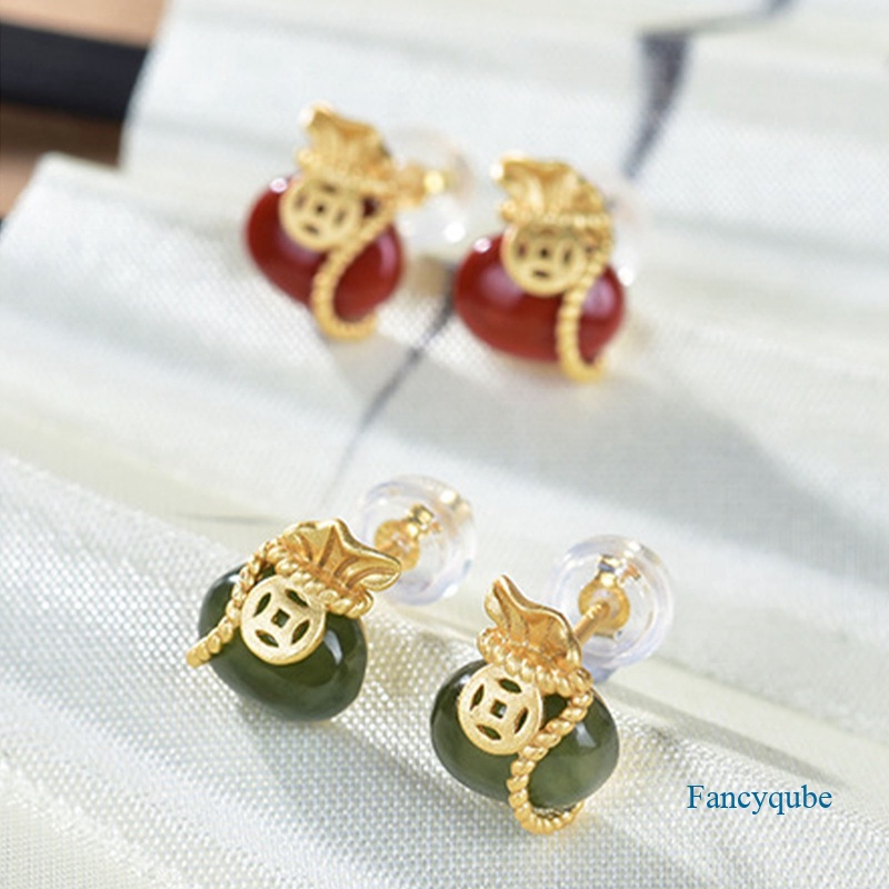 Fancyqube Anting S925 Sterling Silver Lapis Emas Hias Batu Akik Merah Gaya Vintage Untuk Wanita