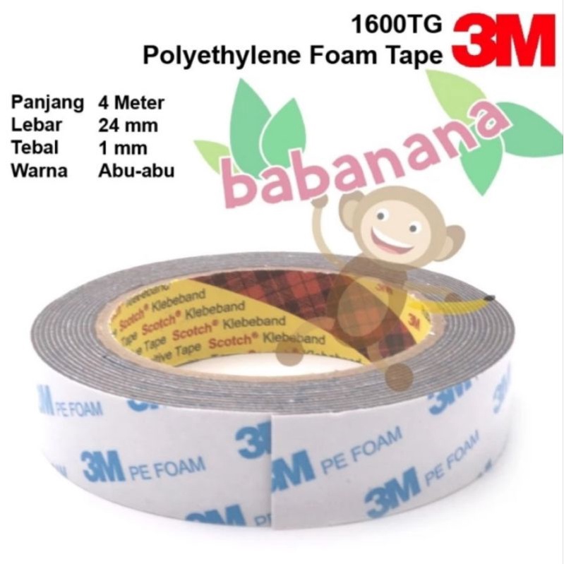 Double Sided Tape Foam 3M 1600TG Abu-abu 4M x 24mm x 1.0mm dobel tip