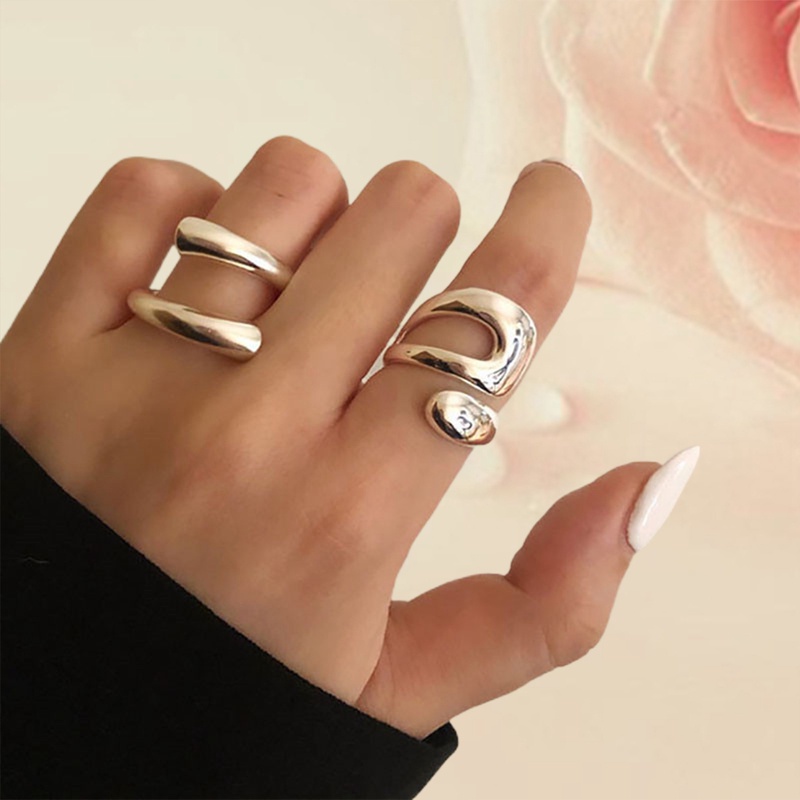 Fancyqube Cincin Wanita Model Hollow Geometri Asimetris Warna Silver Gaya Minimalis Untuk Pesta Ulang Tahun