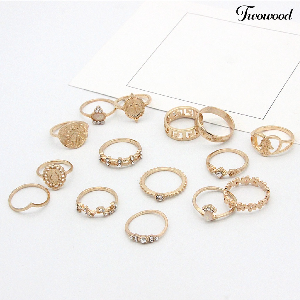 15 Pcs Cincin Knuckle Stackable Bahan Alloy Bentuk Hati Model Hollow