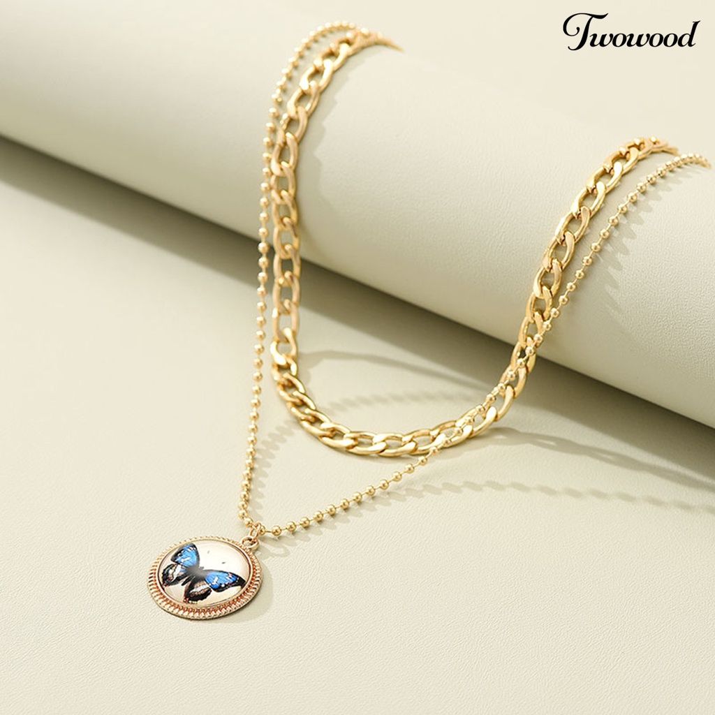 Kalung Rantai Klavikula Hias Liontin Kupu-Kupu Model Lapis Ganda Gaya Retro Untuk Wanita