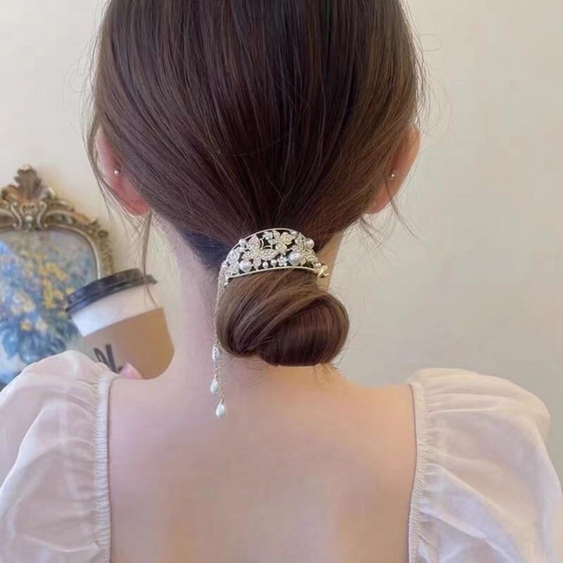 Rumbai Rambut Sanggul Fashion DIY Magic Rambut Sanggul Pembentuk Pernikahan Pengantin Elegan Gadis Wanita Korea Hiasan Kepala Berlian Imitasi Mutiara Bunga Rambut Klip Rambut Styling Alat Wanita Aksesoris Rambut