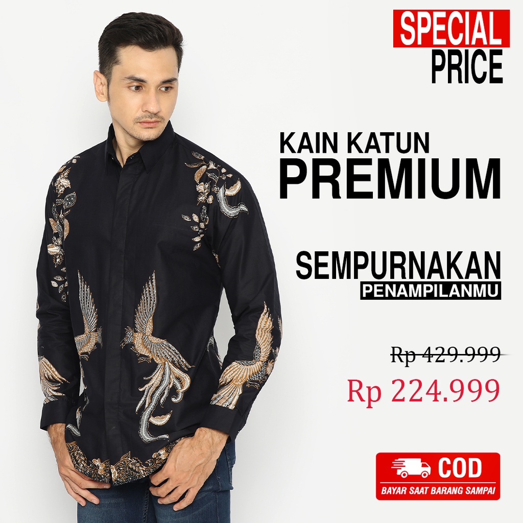 KEMEJA BATIK PRIA Lengan Panjang Slimfit Slim Fit Premium Warna Hitam Black Ireng 727585 Cap 72 - Baju Kemeja Atasan Pakaian Setelan Batik Pria Cowok Laki Laki Remaja Keluarga Kantor Lengan Panjang Modern Slimfit Slim Fit Premium Kekinian