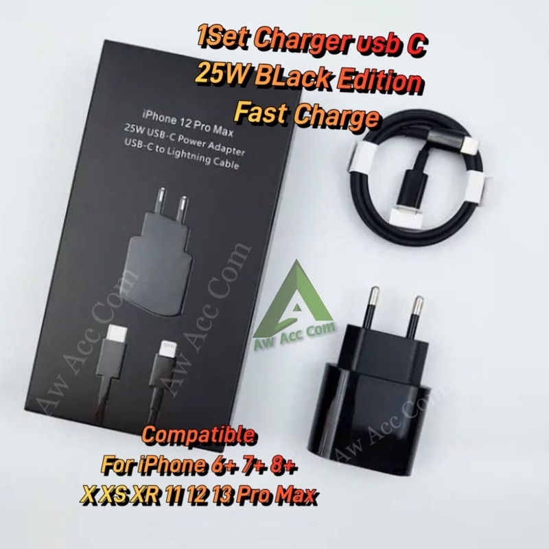 Charger Usb C 25W fAst Charge Black Series PD for Type Lightning 6+ 7+ 8+ XR XS 11 12 13 PRO MAX