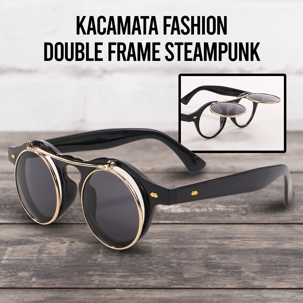 Kacamata Fashion Double Frame Steampunk - OMFH6YBK Black