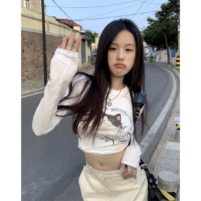 Suhao 2022 Musim Gugur Baru Lengan Panjang Kucing Cetak T-shirt Wanita Putih Slim Pendek Manis Gadis Panas Tipis Top In Pasang