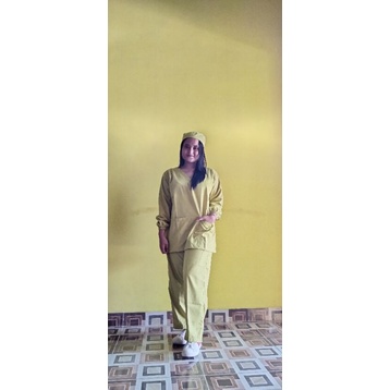 [TERBARU XS-XXXL] Baju OK Toyobo, set baju celana topi Scrub Lengan Panjang serut, Baju Medis Lengan