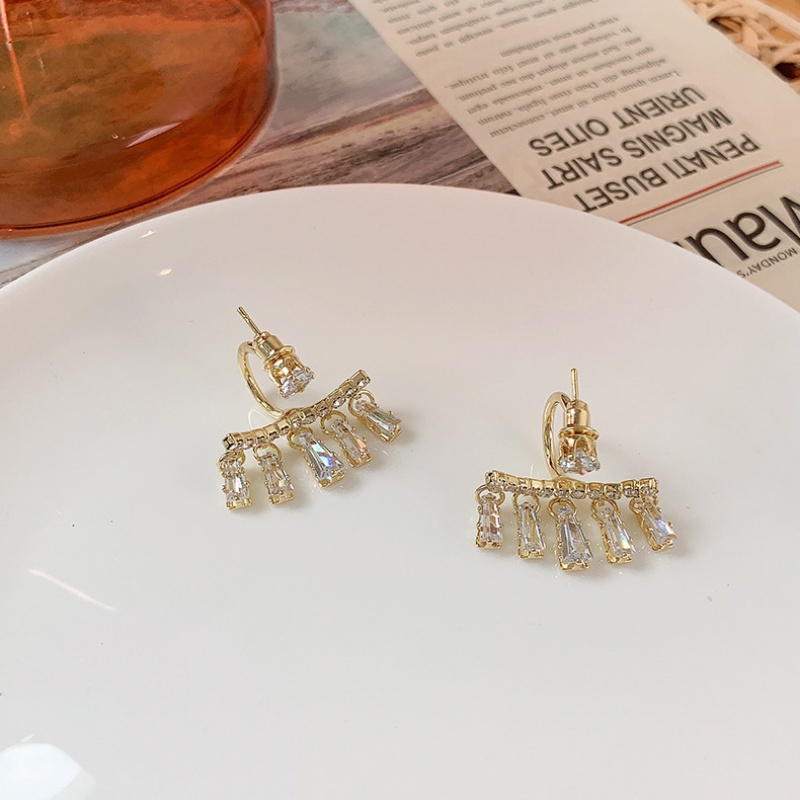 Roselife Anting Tusuk Gantung Wanita Warna Gold Hias Kristal / Zircon Gaya Mewah / Elegan Untuk Pesta / Makan Malam