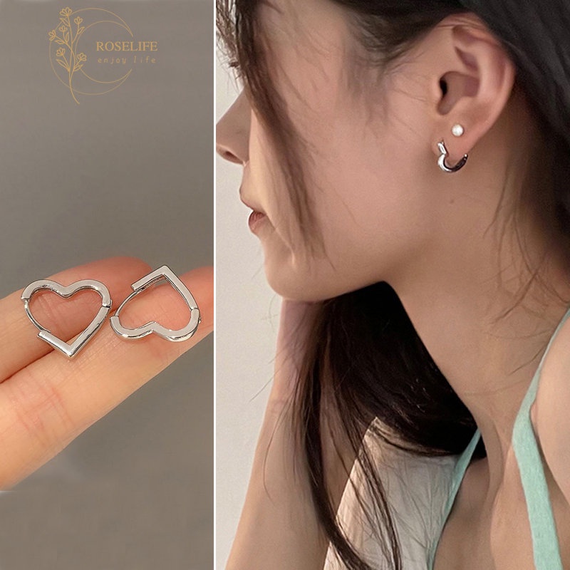 Roselife 2pcs S925 Perak Berongga Jantung Anting Hoop Untuk Wanita Perempuan Perhiasan Telinga Geometris Minimalis