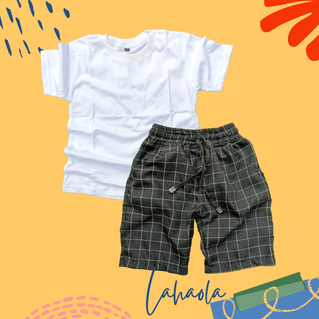 Setelan kaos polos celana Tartan anak laki laki 1-7 tahun hitam putih
