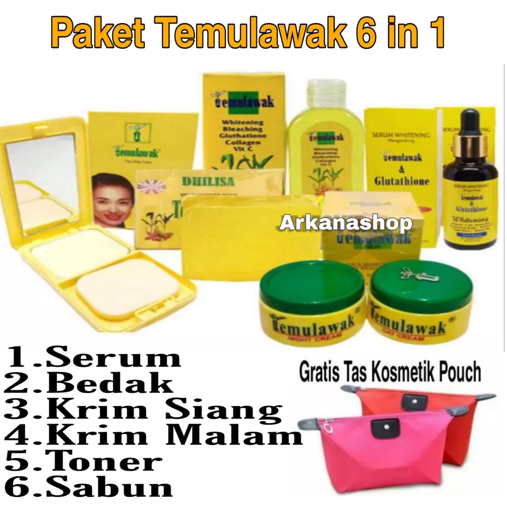 Paket Temulawak Super Lengkap Original Bpom 6 In 1 / Paket Temulawak Komplit 6 in 1 - Bedak + Krim Siang &amp; Malam + Serum + Toner + Sabun + Gratis Tas Pouch