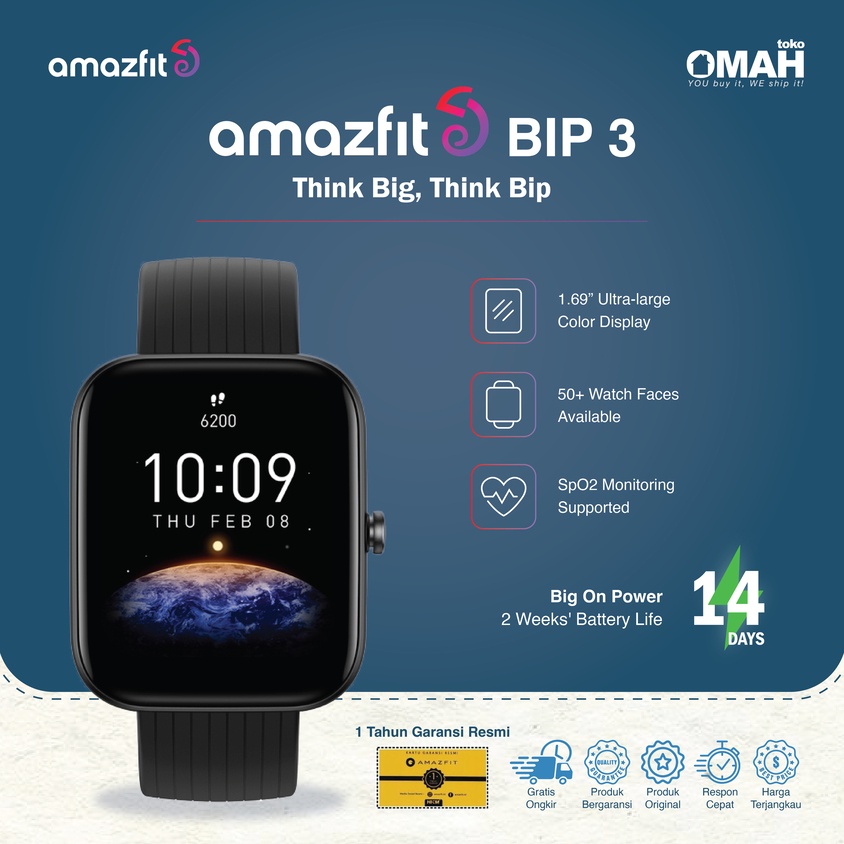 Amazfit Bip 3 Sport Smartwatch 1.69&quot; Ultra-large Color Display SpO2 50 Watchface Garansi Resmi