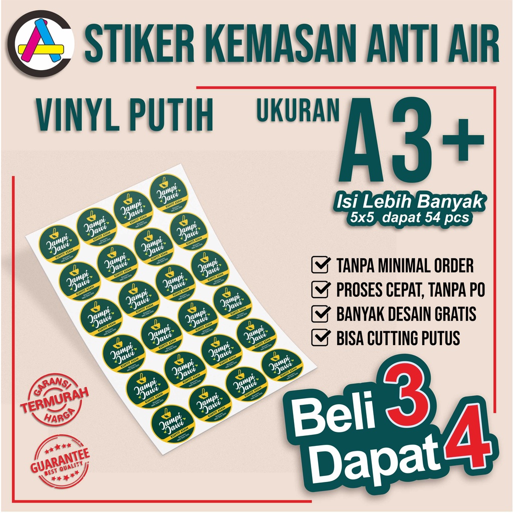 

(Beli 3 dapat 4) Stiker A3 plus vinyl putih waterproof anti air Cutting Custom Laminasi Label Kemasan Makanan Minuman Skincare Ulang tahun pernikahan Murah free desain