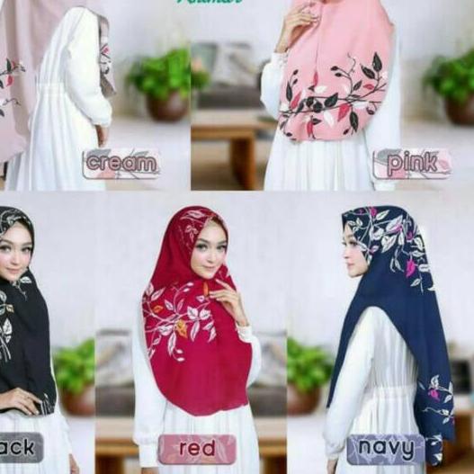 Hijab ORI Khimar Oval Printing Motif Daun Naura Syari - Navy