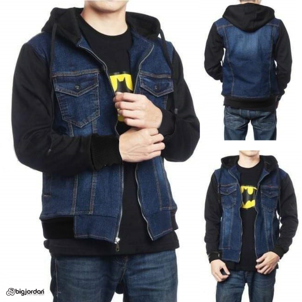 BIGJORDAN jaket hoodie jeans pria big size XXL jaket jeans resleting pria jumbo 2XL zipper hoodie je