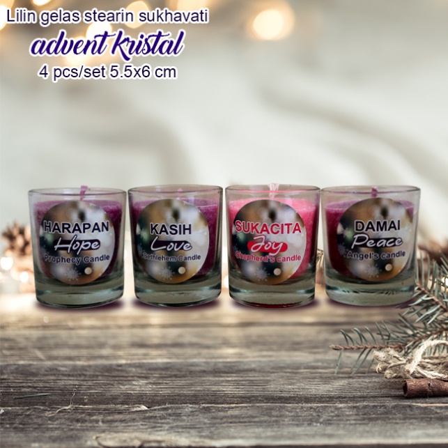 Lilin Doa Advent / Adven Natal / Lilin Misa Ungu + Pink Gelas Marble