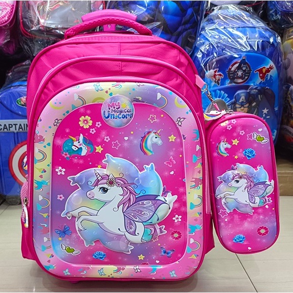 PROMO FREE KOTAK PENSIL TROLLEY DORONG TAS ANAK SEKOLAH TK / SD PEREMPUAN CANTIK UKURAN SEDANG 14inch Kuda Pony VALE TWO TIMBUL IMPORT ( 14inch )