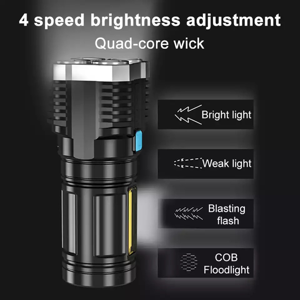 SENTER PORTABLE 4 LED + COB LIGHT SUPER TERANG L-S03 / SENTER PENERANGAN JARAK JAUH 4 MODE MATA LAMPU / SENTER LED 4 MATA