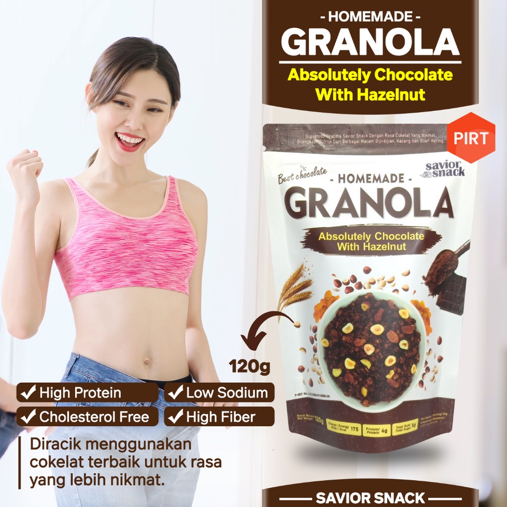 Makanan DIet Sehat Rendah Kalori GRANOLA CRUNCHY ABSOLUTELY CHOCOLATE WITH HAZELNUT, Cemilan Sehat DIET KETO DEBM - SAVIOR SNACK - Makanan Penurun Berat Badan Enak Bergizi Tinggi Nutrisi - High Quality