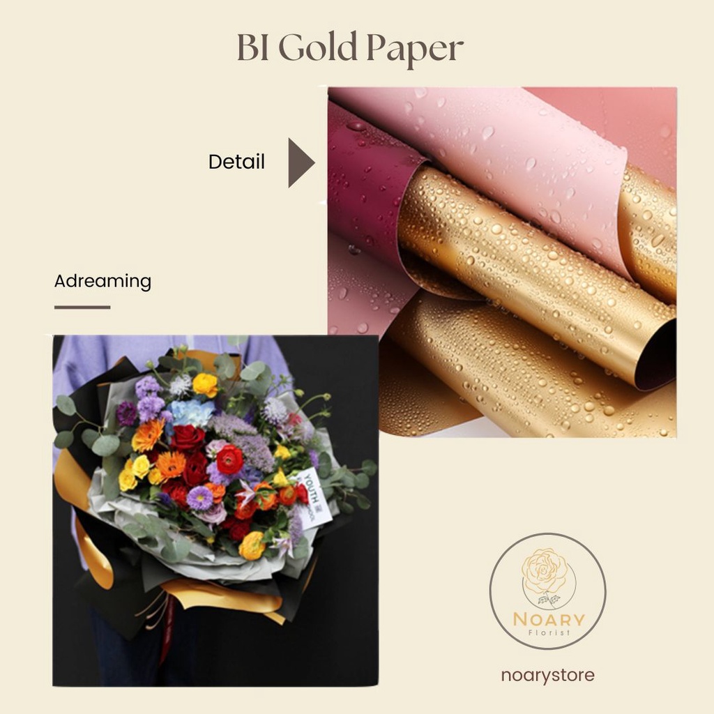 BI Gold Paper Kertas Bunga Wrapping Cellophane Paperwrap Buket Bunga Bungkusan Bunga / Flower Wrapping / Cellophane / Wrap / Kertas Bunga / Kertas Kado / Flower Paper / Kertas Grosir / Kertas Import / Kertas Cellophane / Florist / Buket Bunga / Florist Su