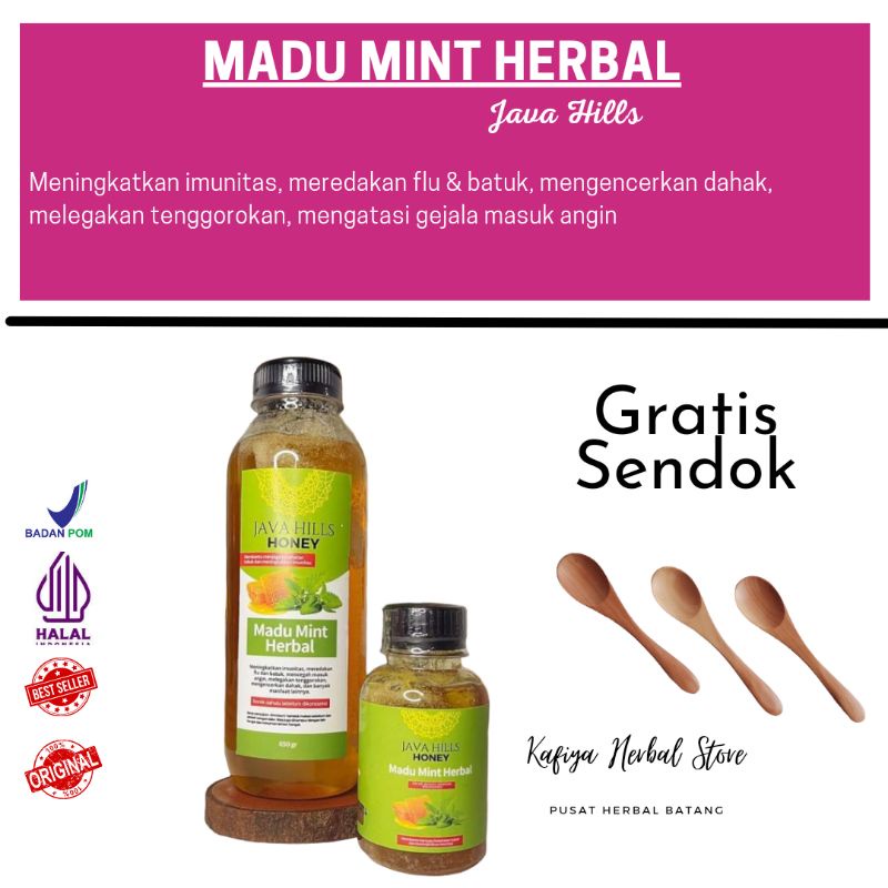 JAVAHILLS GRATIS SENDOK KAYU| MADU MINT HERBAL JAVA HILLS 650gr (untuk batuk, pilek, masuk angin,dsb)