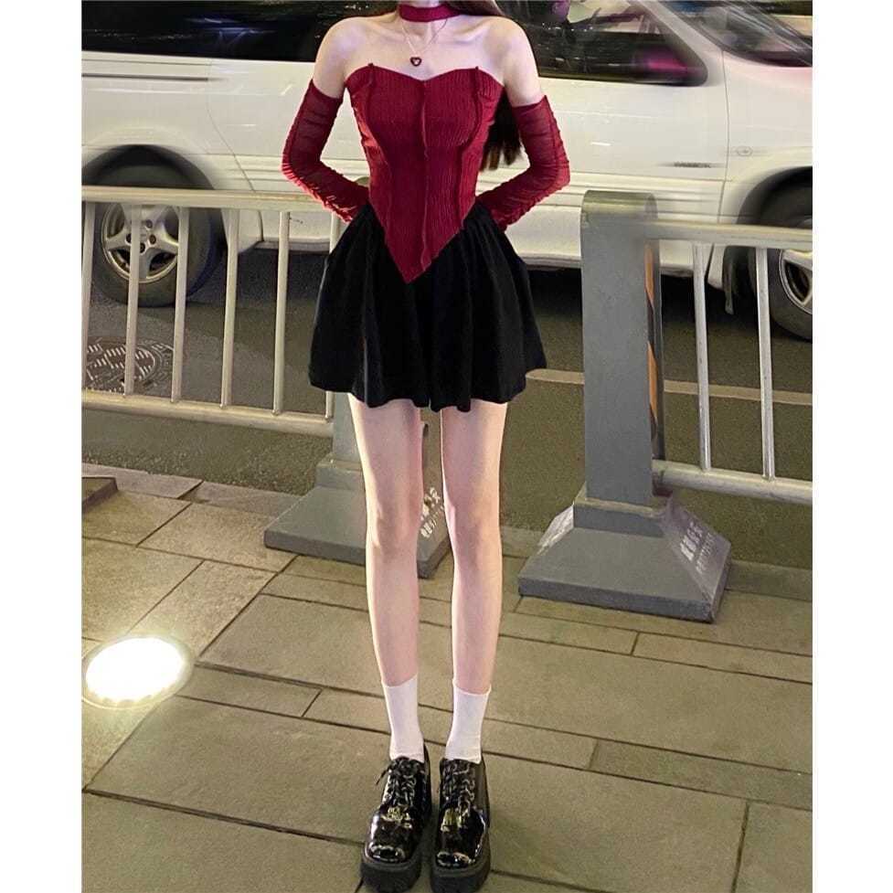 Suhao One-Piece/Jas Musim Panas Baru Niche Slim Seksi Lengan Panjang Halter T-shirt Atasan + Setengah Panjang Celana Pendek Rok Wanita