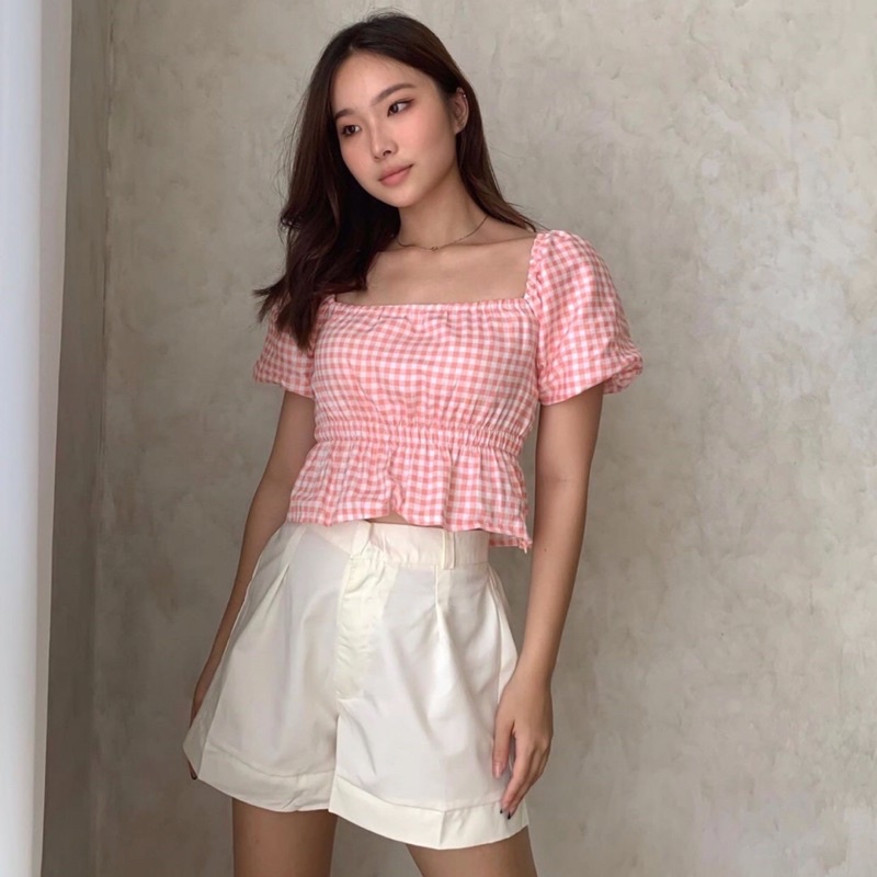 JANE CHECKERED CROP TOP KOREA - BLOUSE WANITA PREMIUM KOTAK KOTAK - KEMEJA PESTA - TOP BASIC MEWAH - ATASAN UNTUK KONDANGAN - TOP SEXY WARNA PASTEL FOR TRAVELING - HADIAH / KADO ULTAH UNTUK CEWEK