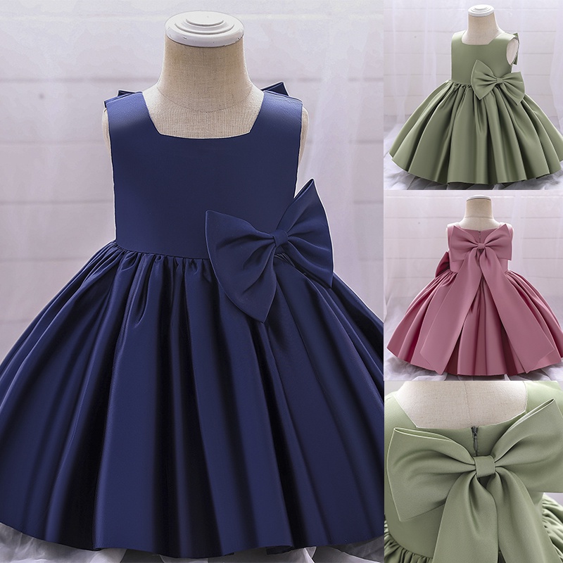 Anak -anak Musim Panas Formal Dua Gaun Pesta Busur Untuk Anak Perempuan Kostum Putri Solid Gaun Elegant