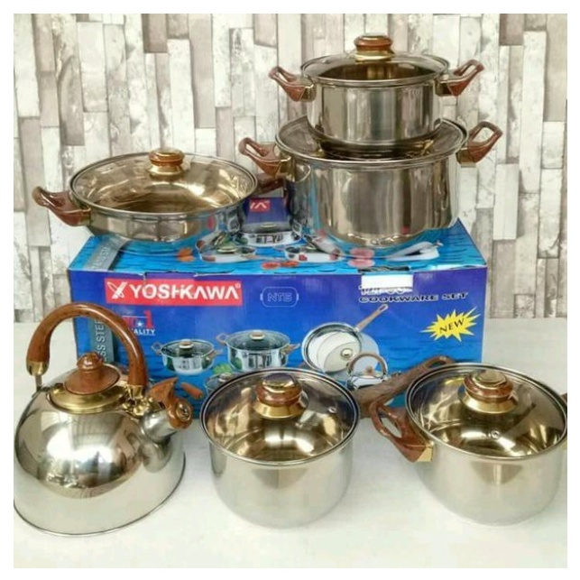 Yoshikawa Panci Set 12 Pcs Stainless Steel Tutup Kaca