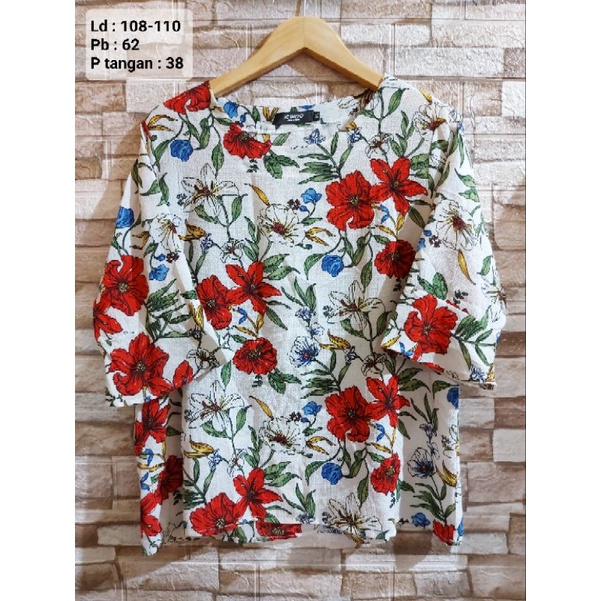 Vintage Bunga Merah Putih Atasan Blouse Blus Kemeja