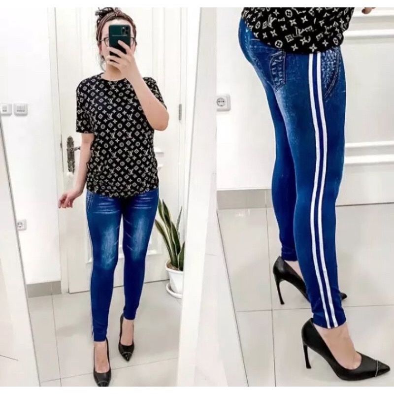 LEJING JEANS HIGHWAIST LIS 2 PUTIH IMPORT / LEGGING JEANS FASHION / LEGING DENIM WANITA