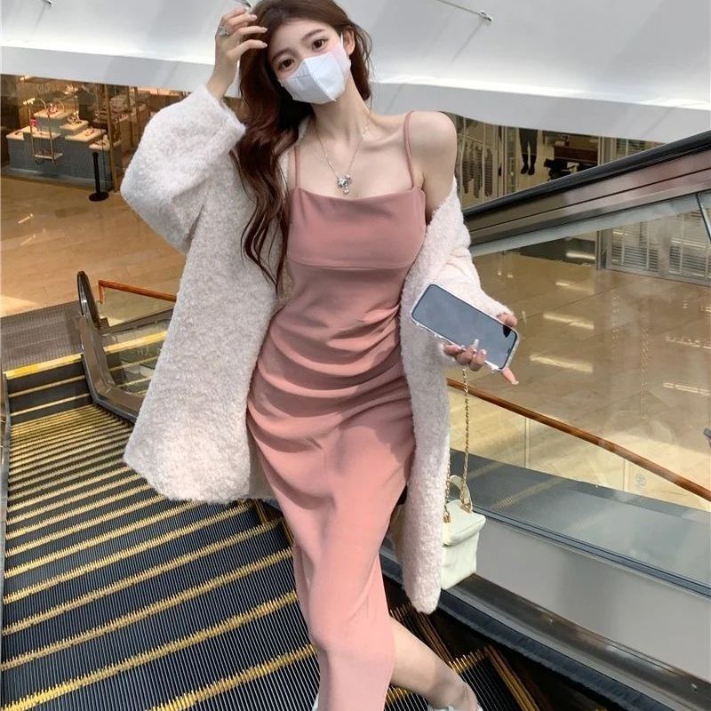 Merah Muda Celah Suspender Gaun Wanita Musim Gugur musim Gugur dan Musim Dingin Keinginan Murni Pinggang Pinggang Seksi Angin Dingin High-End Paket Hip Rok