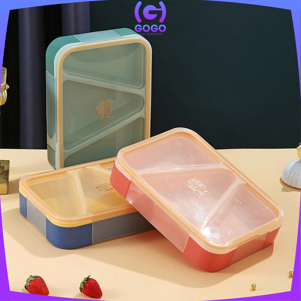 GOGO-C698 Kotak Bento BPA FREE Tempat Makan Set Sendok 3 Sekat Anti Tumpah / Tempat Bekal Sekat Segitiga Set Lunch Box Portable