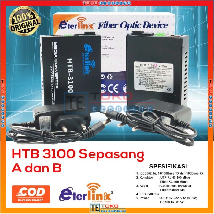 Sepasang HTB-3100 Media Konverter Fiber Optik Single Mode dengan 5V2AEU adaptor MURAH