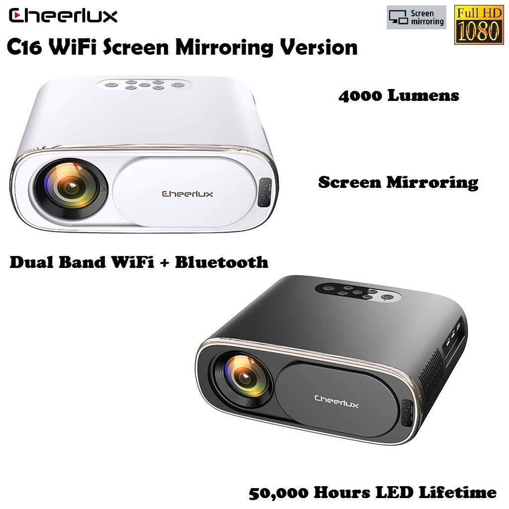 CHEERLUX C16 WIFI Screen Mirroring - LED Projector 1080P 4000 Lumens - Versi Terbaru dari CHEERLUX C16 dan C16 Android