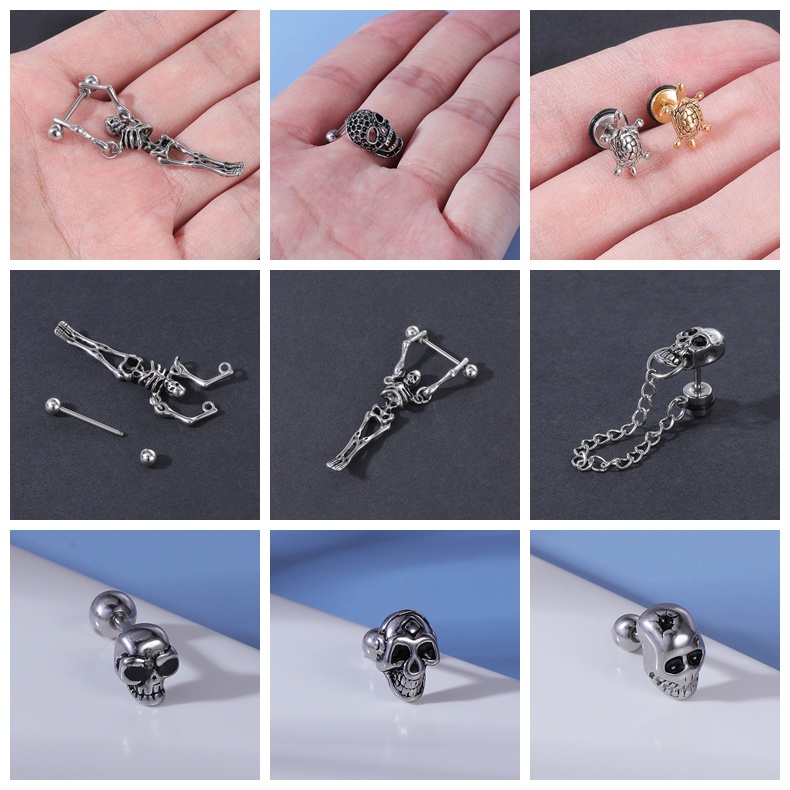 1 PC Anting Stud Desain Tengkorak Salib Bahan Stainless Steel Gaya Punk Korea