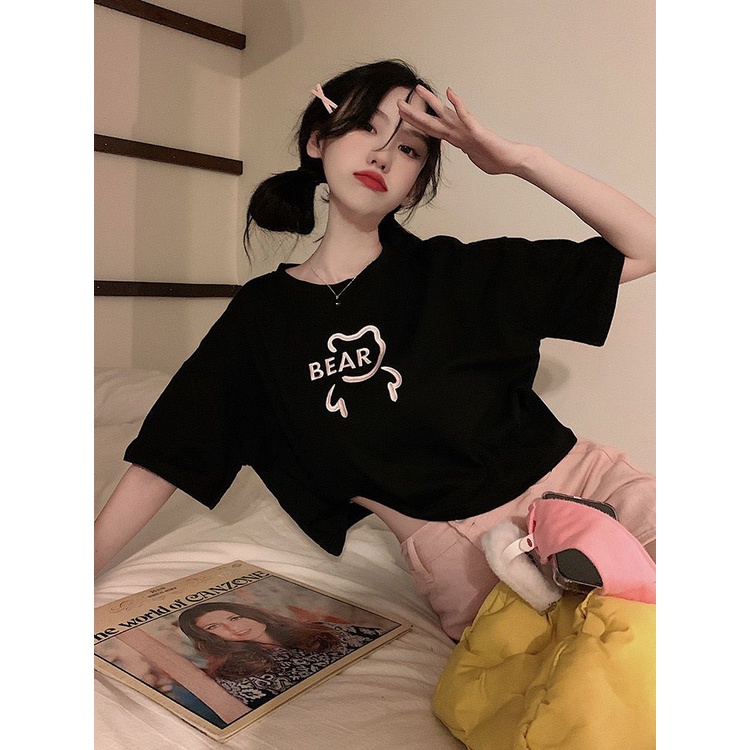 [littlecrab] Crop Top Lebar Bear Hitam Putih Merah Atasan Polos Sablon Berkualitas Beruang Simple Unik Elegan Aesthetic Kaos Beruang Korean Style