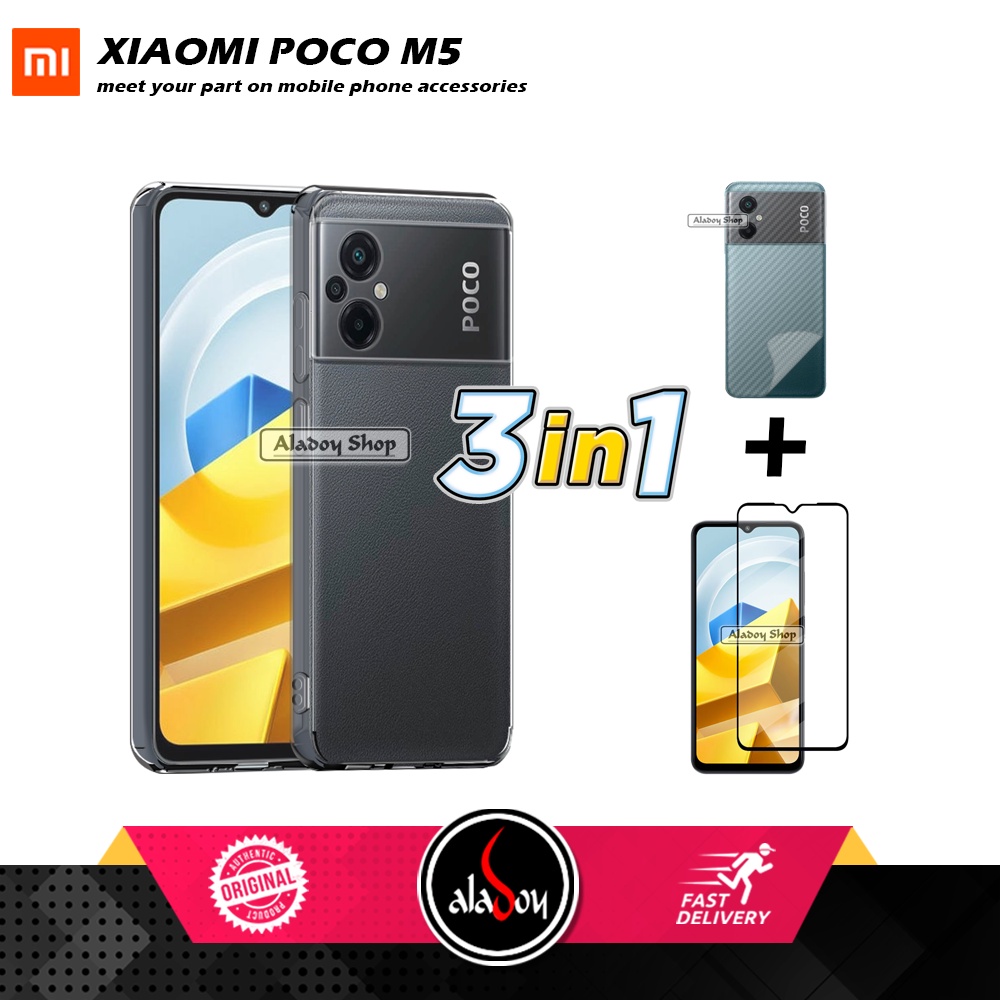 PROMO Case Xiaomi Poco M5 Ultrathin Cristal Clear HD Premium Softcase Free Tempered Glass + Skin Carbon