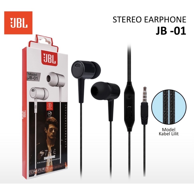 Headshet Earphone headset headfreeJBL JB01 Headset Purebass JB-01 Hitam Putih Hf music Audio Earphone