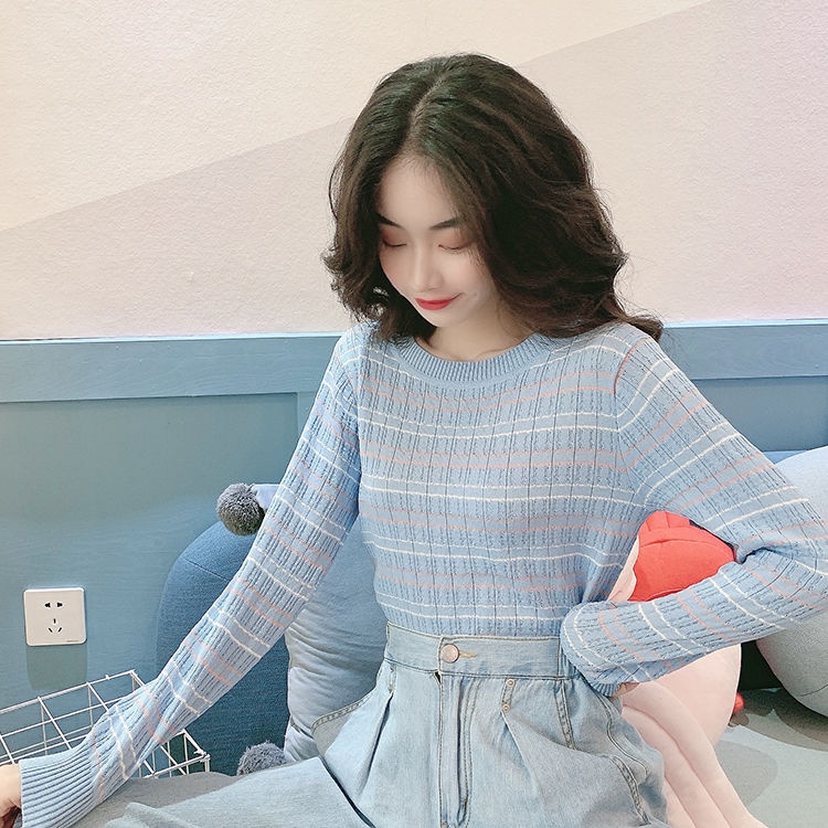 YIU YIU Rajut - Kaos Wanita Crewneck Rajut Lengan Panjang Terbaru Korean Crop Casual Top