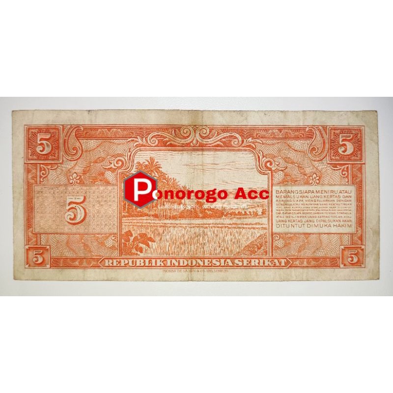 (USED/ASLI) Uang kuno 5 rupiah RIS tahun 1950 rp 5 sukarno soekarno RIS rp.5 uang kuno jaman Republik Indonesia Serikat Tahun 1950