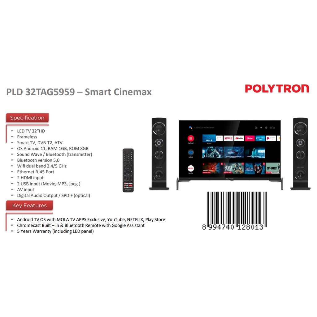 LED TV 32 Inch Polytron Full HD Android TV PLD-32TAG5959 LED Polytron Android Digital