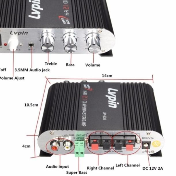 LVPIN MINI HIFI STEREO AMPLIFIER TREABLE BASS BOSTER 12V-LP838 - LVPIN L-838