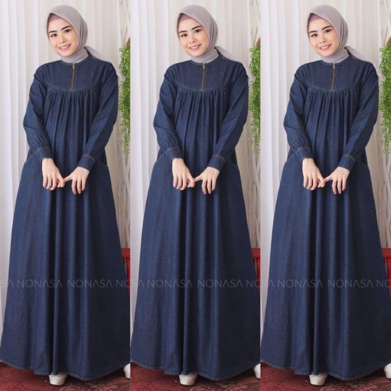 bisa cod/gamis jeans terbaru 2022/gamis jeans jumbo ld 120/gamis jeans import/gamis jeans terhits 20